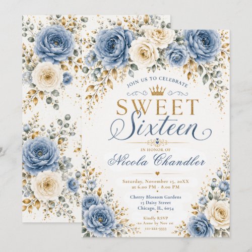 Dusty Blue Gold Sweet Sixteen Invitation