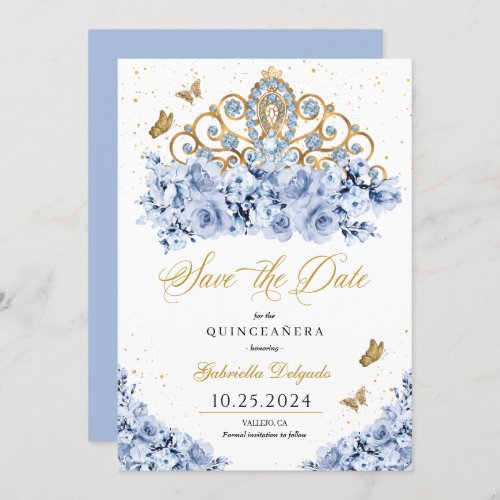 Dusty Blue  Gold Tiara Save The Date Quinceaera Invitation