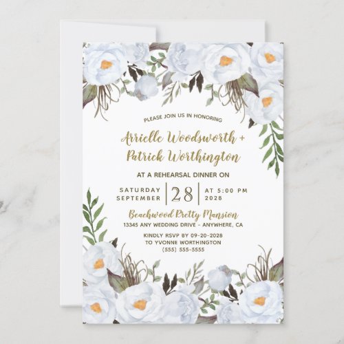 Dusty Blue Gold Vintage Floral Rehearsal Dinner Invitation