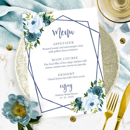 Dusty Blue Gold Watercolor Bridal Shower Menu Invitation