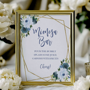 Dusty Blue Gold Watercolor Floral Mimosa Bar Sign