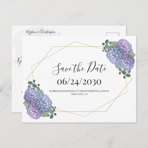 Dusty Blue Gold Watercolor Floral Save the Date Postcard