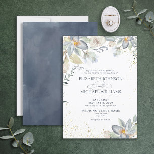 Dusty Blue Gold Watercolor Floral Script Wedding Invitation