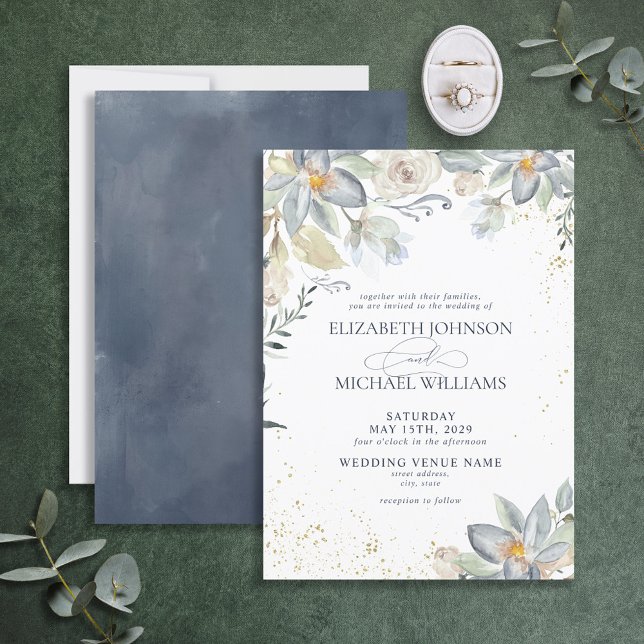 Dusty Blue Gold Watercolor Floral Script Wedding Invitation (Creator Uploaded)