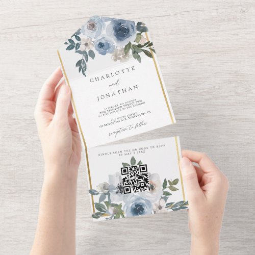 Dusty Blue  Gold Watercolor Floral Wedding All In One Invitation
