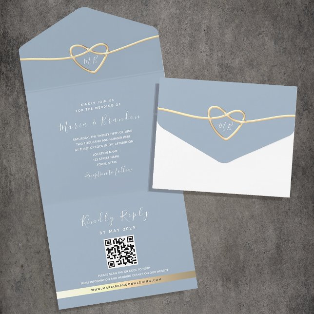 Dusty Blue Gold Wedding Invitation with QR Code (Creator Uploaded)