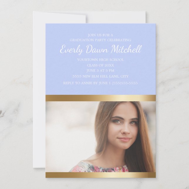 Dusty Blue Gold White Stripe Graduation Party Save The Date (Front)