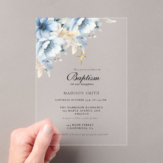  Dusty Blue Gold Wildflower First Holy Baptism Acrylic Invitations (Insitu (Handheld))