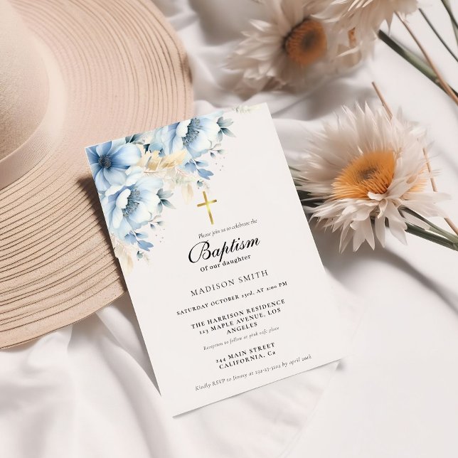  Dusty Blue Gold Wildflower First Holy Baptism Invitation (Creator Uploaded)