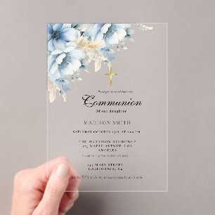 Dusty Blue Gold Wildflower First Holy Communion Acrylic Invitations
