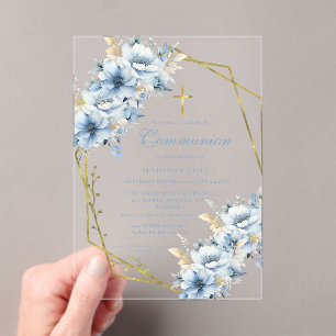 Dusty Blue Gold Wildflower First Holy Communion Acrylic Invitations