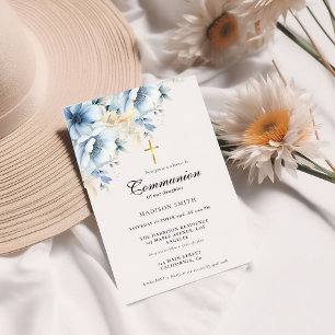 Dusty Blue Gold Wildflower First Holy Communion Invitation