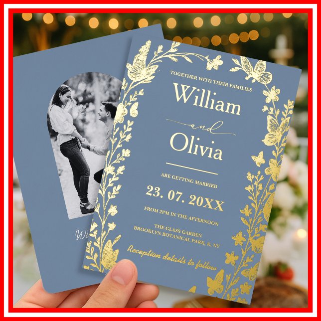 Dusty Blue Gold Wildflower Photo Wedding Foil Invitation (Creator Uploaded)