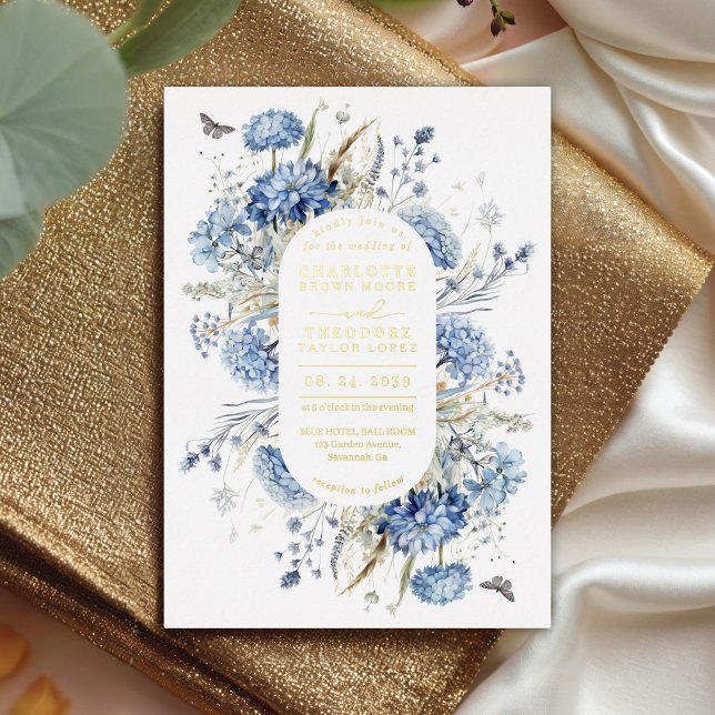 Dusty Blue & Gold Wildflower Rustic Chic Wedding  Foil Invitation (Creator Uploaded)