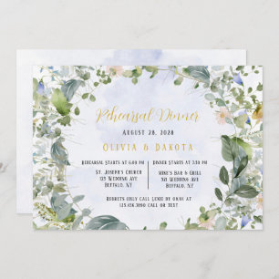 Dusty Blue Gold Wildflowers Rehearsal Dinner Invitation