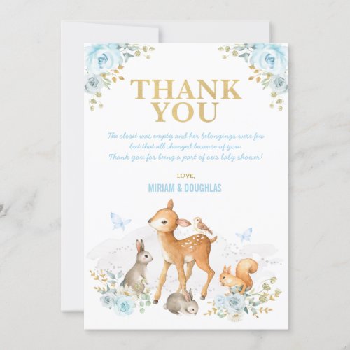 Dusty Blue Gold Woodland Animals Forest Baby Boy Thank You Card