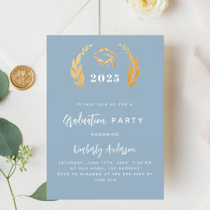 Dusty blue gold wreath 2026 Graduation Party Invitation
