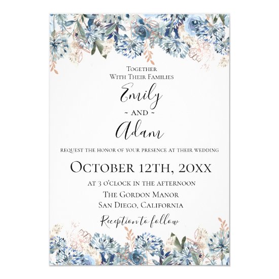 Dusty Blue Golden Botanical Wedding Invitation