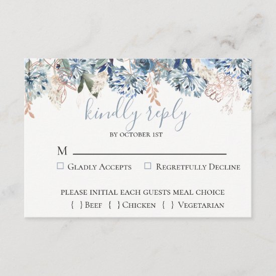 Dusty Blue Golden Botanical Wedding RSVP Card