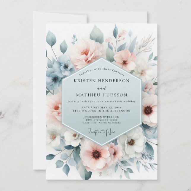 Dusty Blue Gossamer Bloom Wedding Invitation (Front)