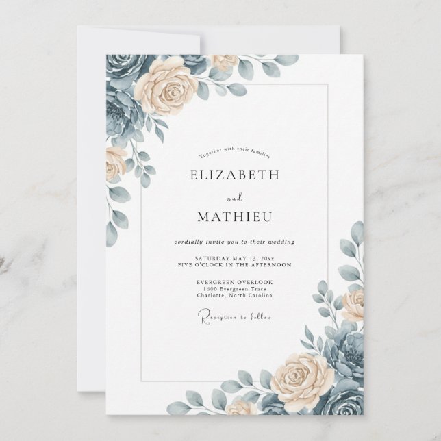 Dusty Blue Graceful Floral Wedding Invitation (Front)