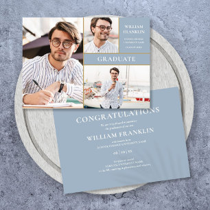 Dusty Blue Graduate Gold 3 Photo Graduation Announcement