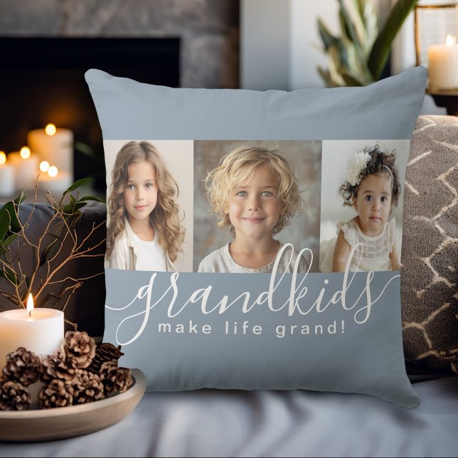 Dusty Blue Grandkids Make Life Grand Photo Collage Throw Pillow (Creator Uploaded)