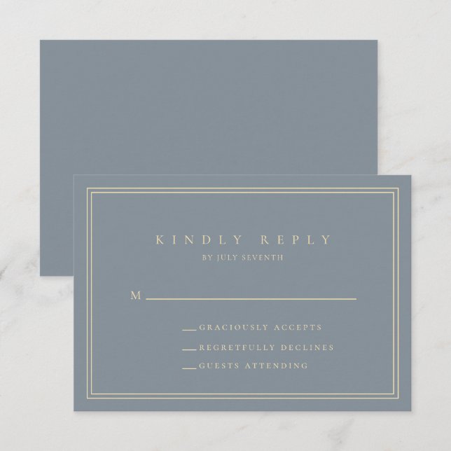 Dusty Blue-Gray and Gold Modern Minimalist Wedding RSVP Card (Front/Back)