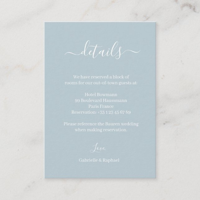 Dusty Blue Gray and White Wedding Hotel Detail Enclosure Card (Front)