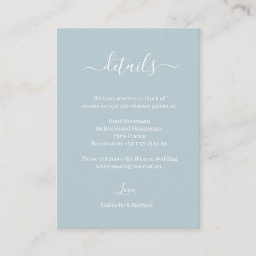 Dusty Blue Gray and White Wedding Hotel Detail Enclosure Card