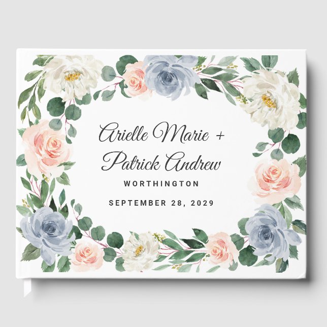 Dusty Blue Gray Blush Pink Peach Floral Wedding Guest Book (Front)