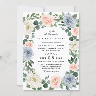 Dusty Blue Gray Blush Pink Peach Floral Wedding Invitation