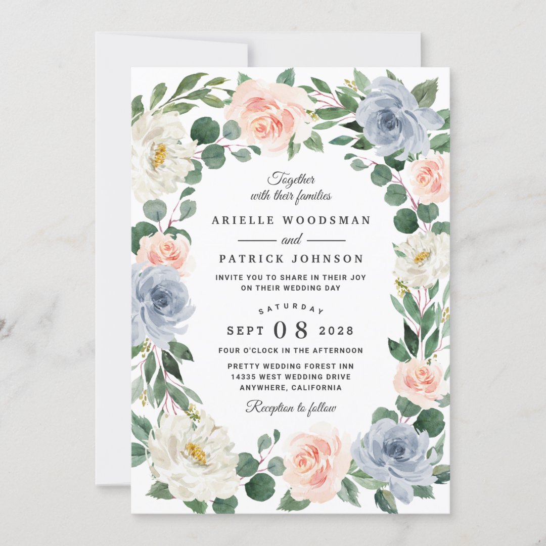 Dusty Blue Gray Blush Pink Peach Floral Wedding Invitation | Zazzle