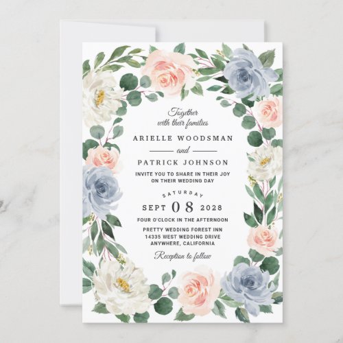 Dusty Blue Gray Blush Pink Peach Floral Wedding Invitation