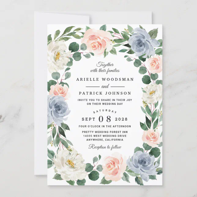 Dusty Blue Gray Blush Pink Peach Floral Wedding Invitation | Zazzle