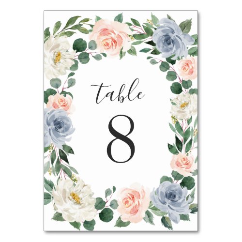Dusty Blue Gray Blush Pink Peach Floral Wedding Table Number