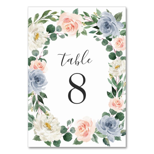 Dusty Blue Gray Blush Pink Peach Floral Wedding Table Number (Front)