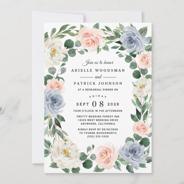 Dusty Blue Gray Blush Pink Peach Rehearsal Dinner Invitation (Front)