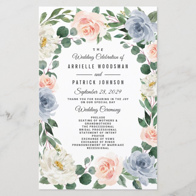 Dusty Blue Gray Blush Pink Peach Wedding Programs (Front)