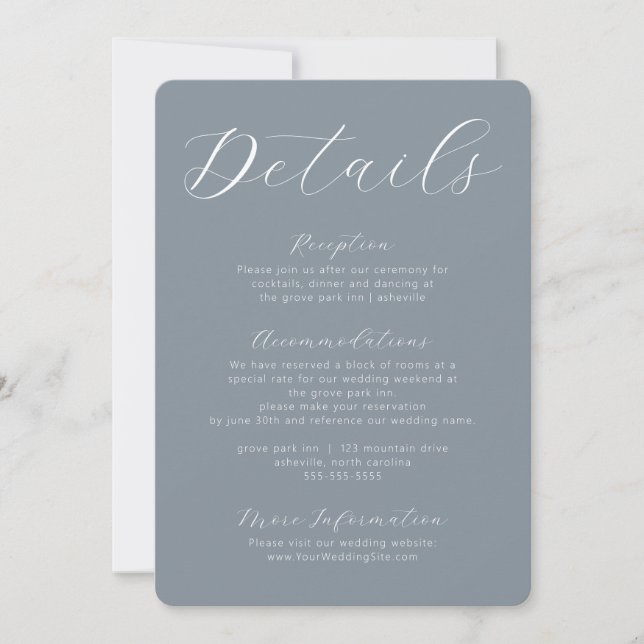 Dusty Blue Gray Calligraphy Script Enclosure Card (Front)