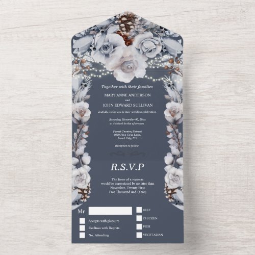 Dusty blue gray country rose string lights  all in all in one invitation