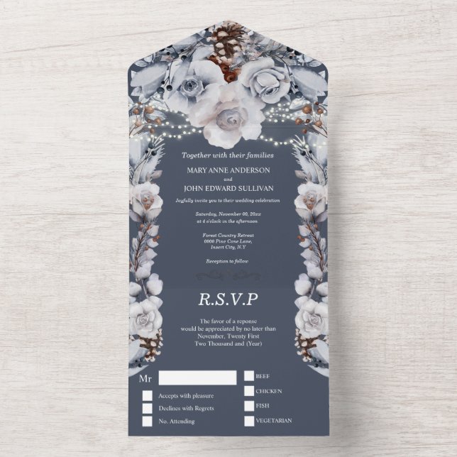 Dusty blue gray country rose string lights  all in one invitation (Inside)