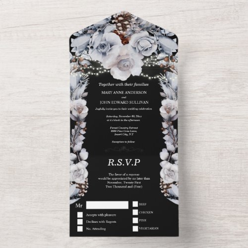 Dusty blue gray country rose string lights black all in one invitation