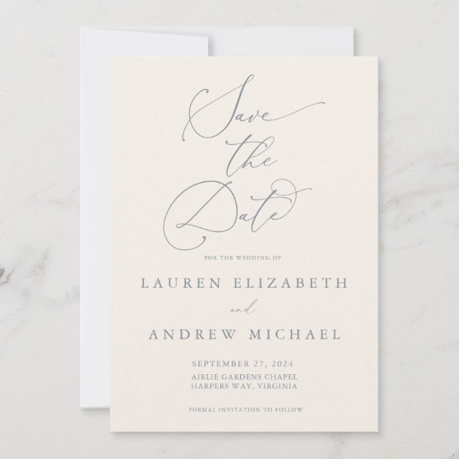 Dusty Blue Gray & Cream Minimalist Save the Date Invitation (Front)