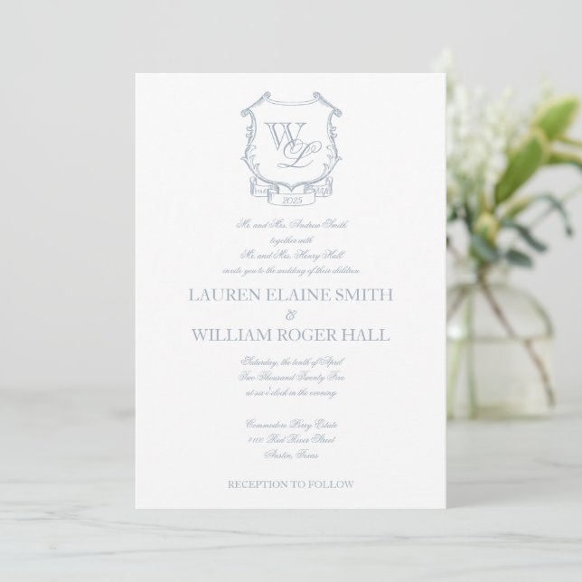 Dusty Blue Gray Crest Wedding Invitation (Standing Front)
