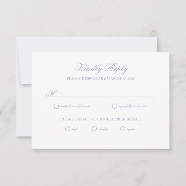 Dusty Blue Gray Crest Wedding RSVP Card (Front)