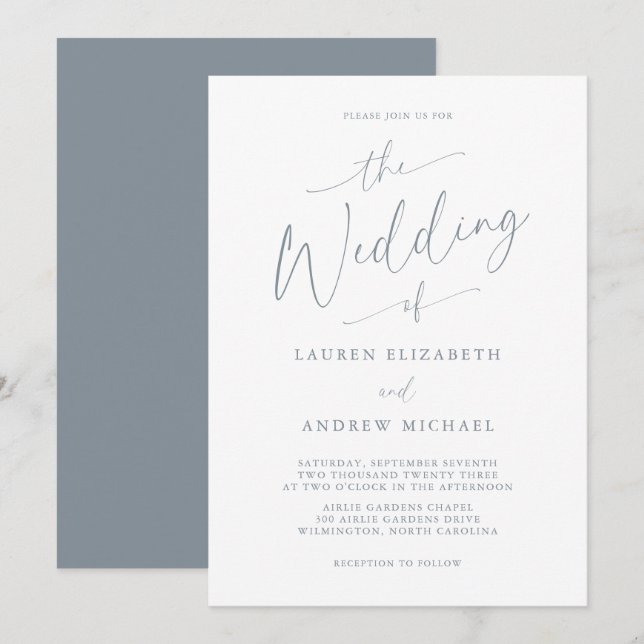 Dusty Blue Gray Elegant Romantic Wedding Invitation (Front/Back)