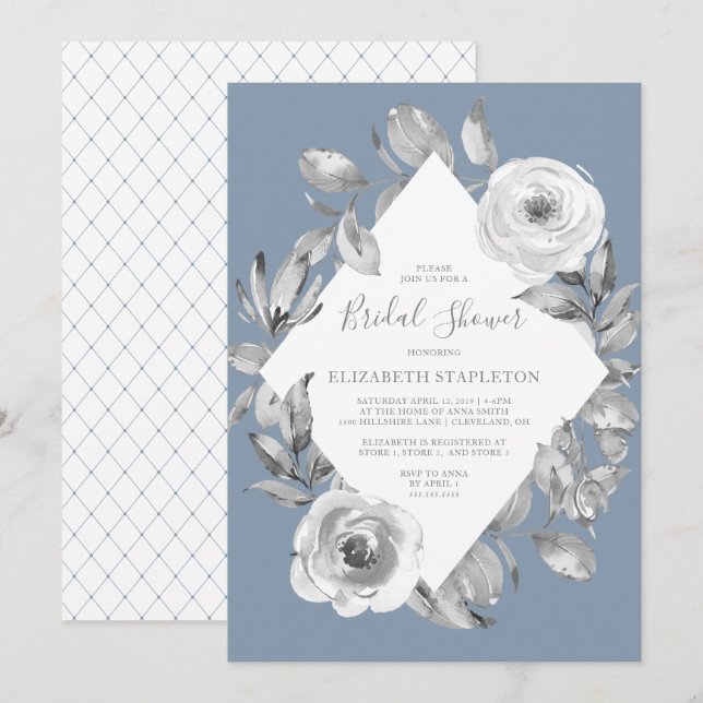 Dusty Blue Gray Floral Diamond Bridal Shower Invitation (Front/Back)