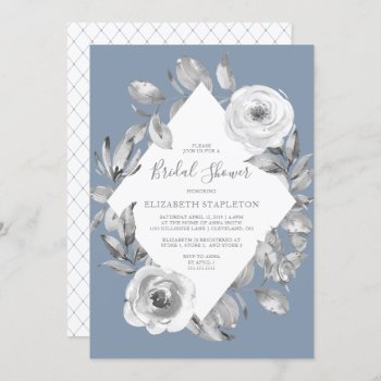Dusty Blue Gray Floral Diamond Bridal Shower Invitation by ModernMatrimony at Zazzle