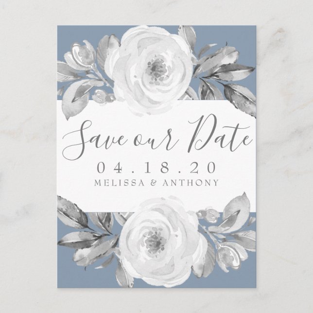 Dusty Blue Gray Floral Diamond Save the Date Announcement Postcard (Front)